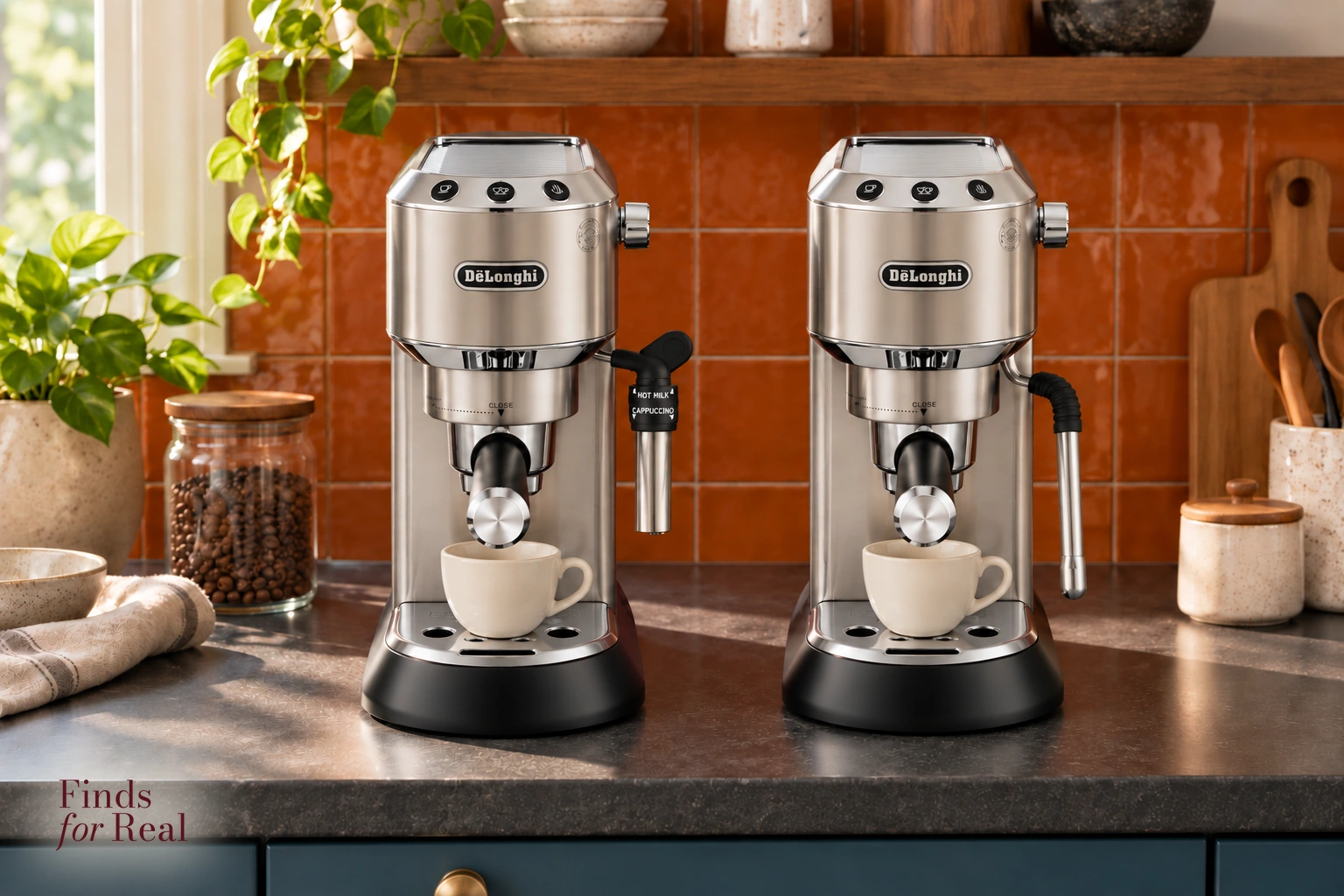 Metal DeLonghi Dedica EC685.M on the left and Dedica Arte EC885.M on the right in a petrol-blue and terracotta kitchen.